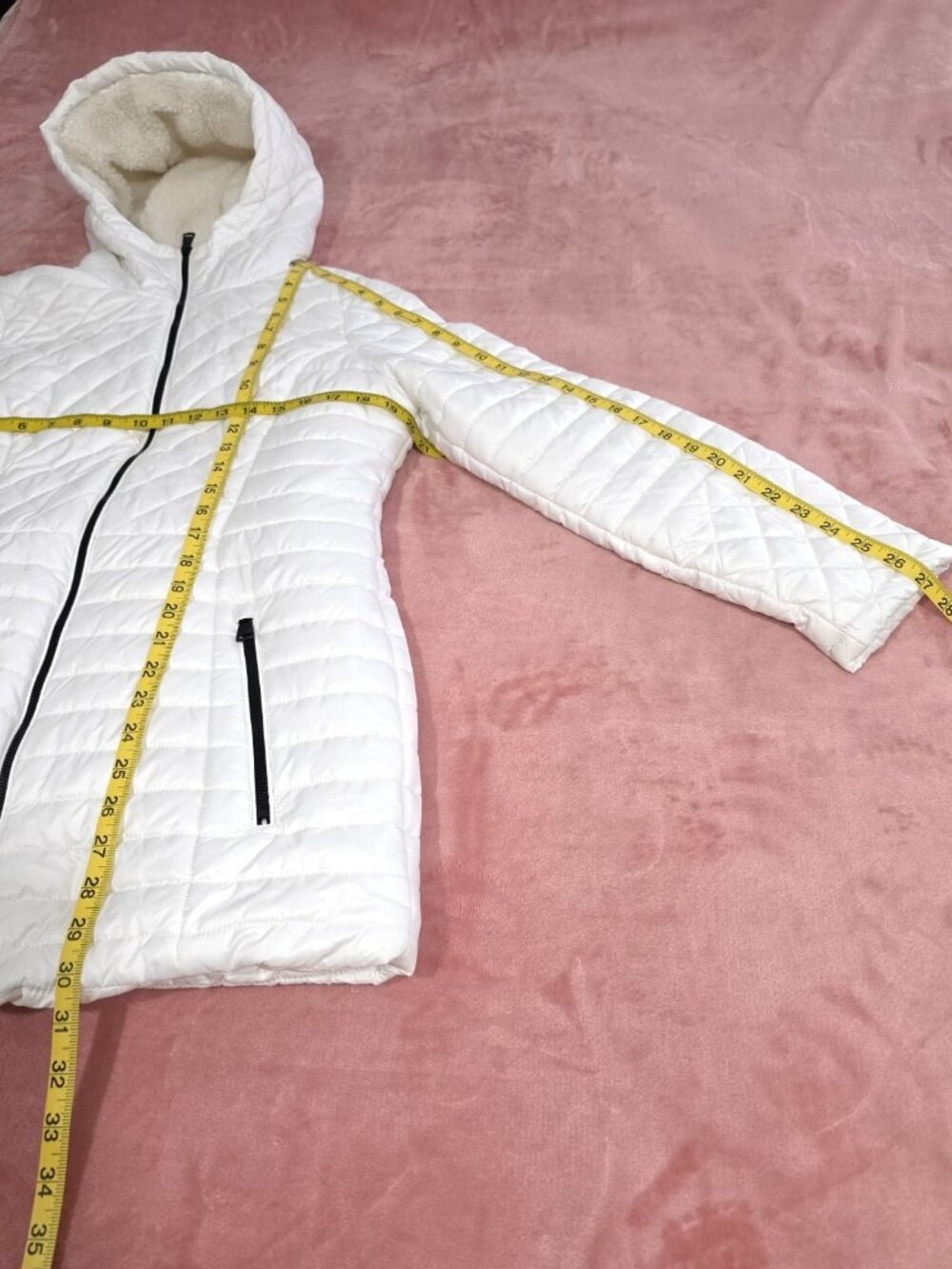 Kenneth Cole New York White Quilted Hooded   Sherpa Puffer Jacket Mid-Length S/P - Picture 9 of 12